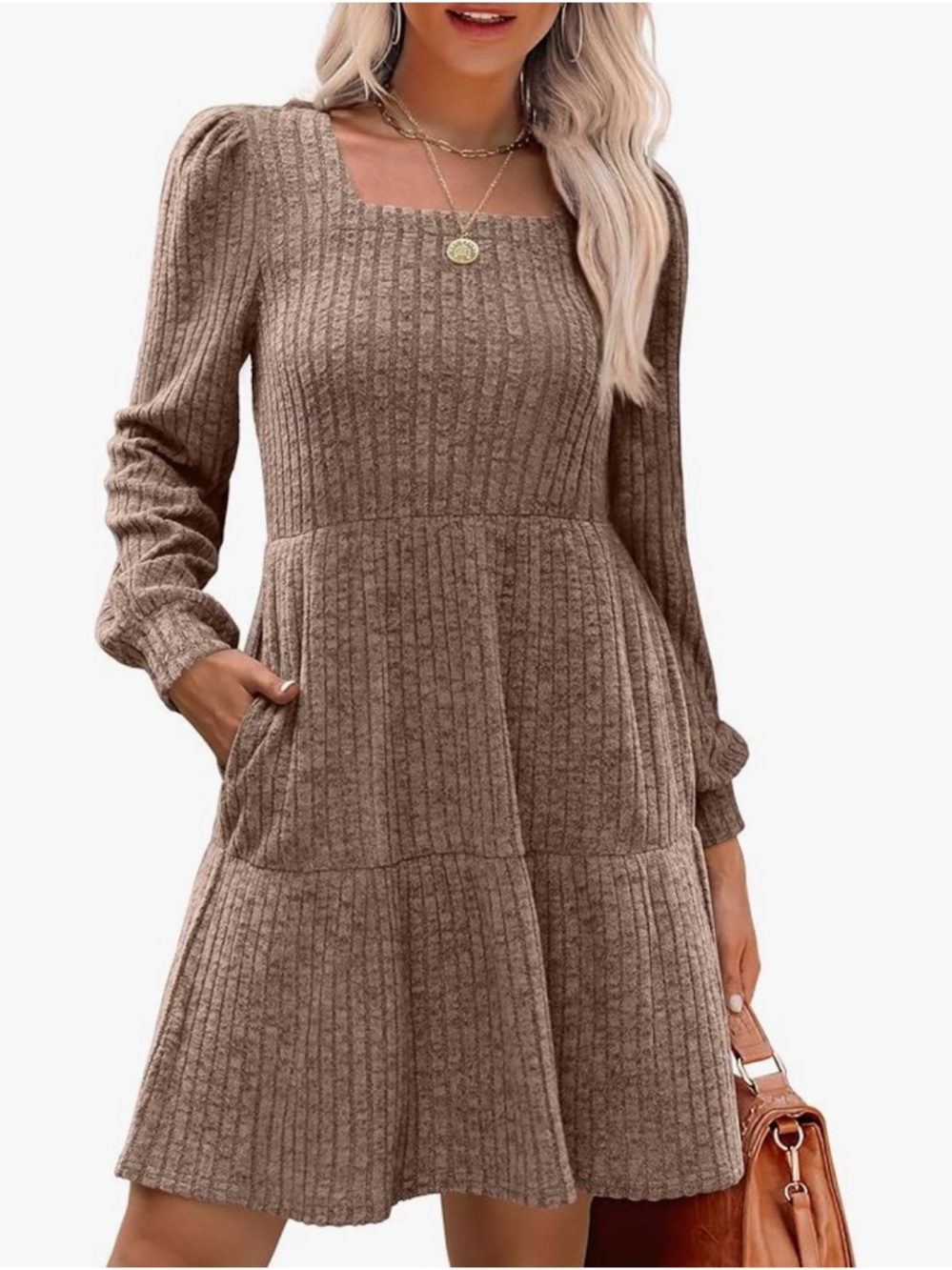 Brown Ribbed Square-Neck Long Sleeve Dress